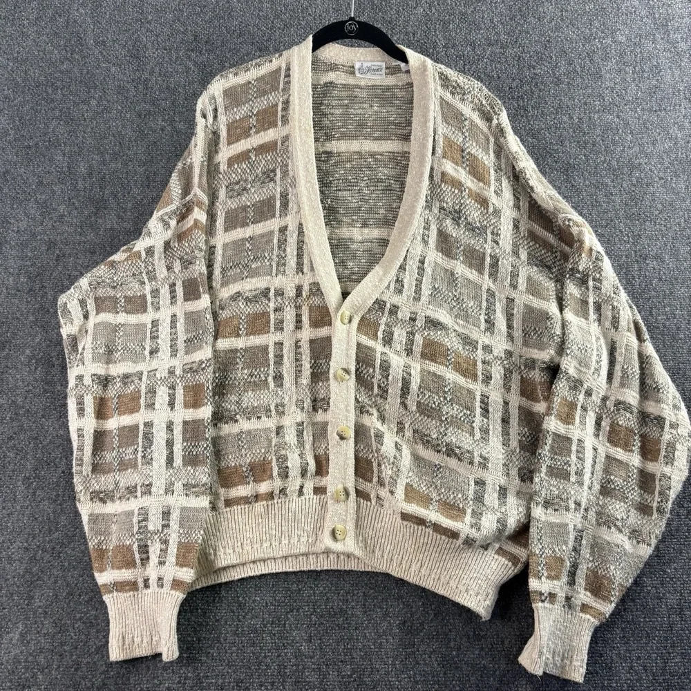 Vintage Florence Tricot 80s Italy Grandpa Cardigan XL Plaid Knit Button Sweater